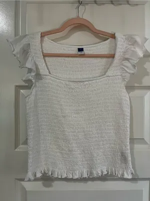 Old Navy White Smocked Square Neck Ruffle Sleeve Top Sz L Feminine thumbnail 7