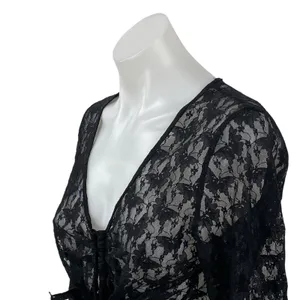 H&M Women's Black Butterfly Floral Lace Mesh Sheer Long Sleeve Crop Top Size M thumbnail 2
