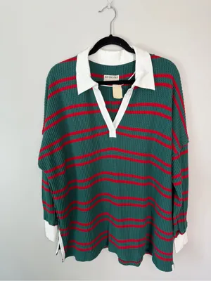 Free People Travis Polo Tee Striped Forest NWT Small thumbnail 3