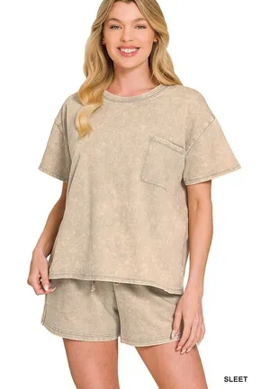 Zenana French Terry Acid Washed Relaxed Top & Short Set - Large thumbnail 1