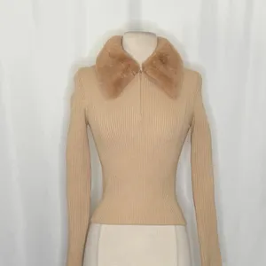 NWT!! ZARA Faux Fur Lapel Knit Sweater Tan‎ Light Brown Zipper Pullover Small thumbnail 3
