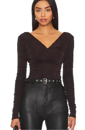 Free People NWT $68 Hot Fudge Brown Reya Ruched Long Sleeve Bodysuit XL thumbnail 1
