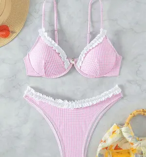 SheIn Pink Gingham Ruffle Bikini thumbnail 3