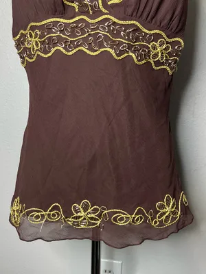 NEW Vintage Chocolate Brown 100% Silk Gold Embroidered Babydoll Top Deadstock thumbnail 6
