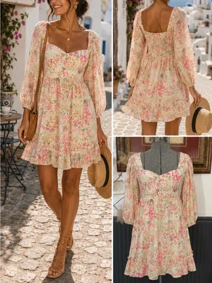 Meet Me In Santorini Floral Puff Sleeve Babydoll Cottagecore Mini Dress - XS 💚🎀 thumbnail 2