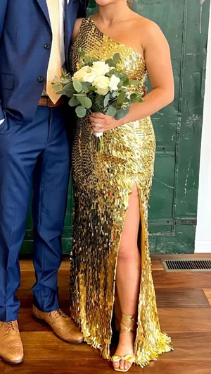 Gold One Shoulder Sherri Hill Dress thumbnail 1