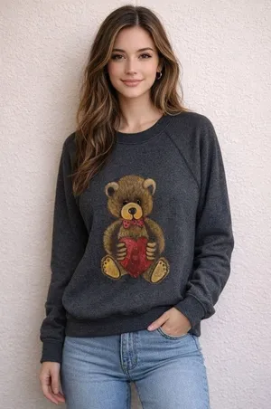 Vintage Y2K Teddy Bear with Heart Painted Sweater 90s 80s cottagecore granny thumbnail 1