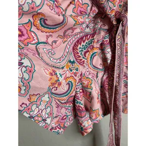 Venus 2 Romper Pink Paisley Long Sleeve V Neck Tie Waist Boho Shorts Linen Blend thumbnail 6