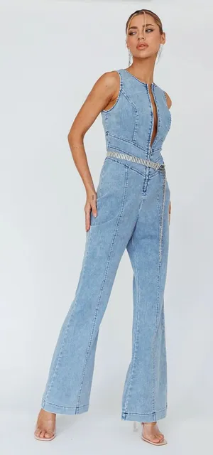 $98 NWT Selfie Leslie x ANGEL BIBA Teigan Heart Back Sleeveless Jumpsuit Denim thumbnail 1