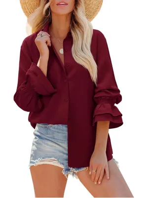 NEW Oversize Button Down Shirt Smocked Boyfriend Long Sleeve Ruffle Blouse L thumbnail 1