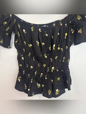 Reformation Solis Briar Black Floral Off the Shoulder Milkmaid Boho Top Small thumbnail 3