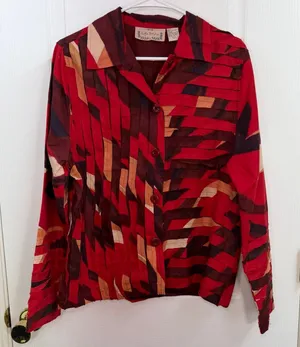 Life Style red textured striped 100% cotton collared button down casual jacket L thumbnail 1