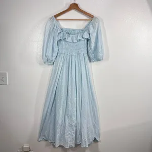 R.Vivimos Swiss Dot Smocked Maxi Dress Size Medium M‎ Light Blue Off Shoulder thumbnail 4