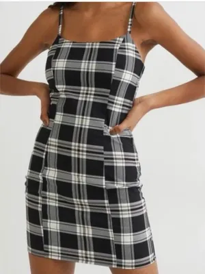 Divided H&M Women’s Size Medium Mini Bodycon Dress Black White Plaid Square Neck thumbnail 1