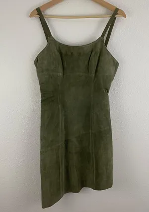 ARTURO Vintage 90s Army Green Suede Leather Grunge Asymmetrical Hem Mini Dress thumbnail 1