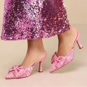 Lulus Rose Pink Satin Textured Bow High Heel Mules(Size 6) thumbnail 1
