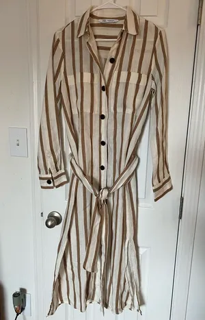 ZARA boho cream tan striped linen buttoned belted collared shirt midi dress XS thumbnail 1