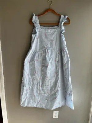 Light Blue Women’s Ruffle-Sleeve Dress with Pink Bow Embroidery Cotton Summer M thumbnail 5