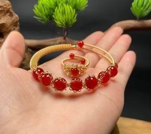 18K Gold Plated Red Agate Jewelry Set,Agate Beaded Charm Bracelet,Agate Ring thumbnail 1