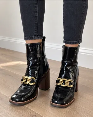 Steve Madden Black Patent Leather Ankle Boots with Gold Chain thumbnail 1