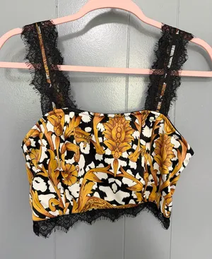 ASOS Black Gold Baroque Lace Trim Sleeveless Going Out Glam Crop Top 4 thumbnail 1
