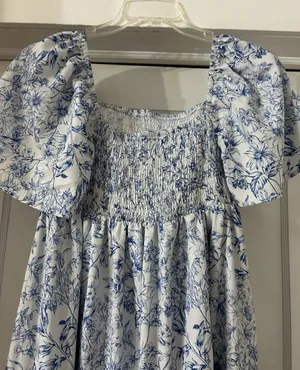 Blue Smocked Floral Toile Puff Sleeve Maxi Dress Cottagecore Ruffle Modest Sz 6 thumbnail 1