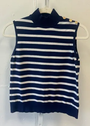 Rafiana Navy White Striped Sleeveless Mock Neck Knit Top Gold Button Detail M thumbnail 1
