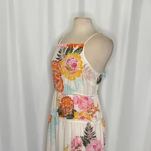 Anthropologie‎ FARM RIO Havana Floral Dress Midi Pom Poms Vacation Large Petite thumbnail 7