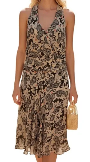 NOUGAT London 100% Silk Floral‎ Ruched Midi Dress Brown Cream Coral Dress EUC 2 thumbnail 1