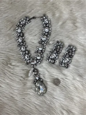 Dark Silver Tone Rhinestone Chunky Statement Necklace & Earring Set thumbnail 2
