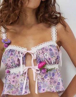 FOR LOVE & LEMONS Willow Multi Floral Bow Tie Ribbon Bow Coquette Top Purple XL thumbnail 1