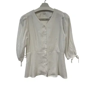 Women’s Minimalist CottageCore White Cotton Puff Sleeve Peplum Blouse M thumbnail 2