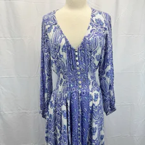 Z&L Boho Paisley Maxi Dress Small Smocked Waist Button Front Purple Green Resort thumbnail 3