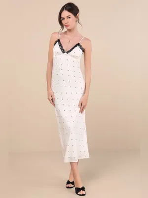 Lulus Majella Ivory Polka Dot Satin Lace Slip Midi Dress Size M thumbnail 2