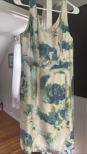 Banana Republic Cream Midi Dress with Blue and Green Floral Print, Fully lined. thumbnail 1
