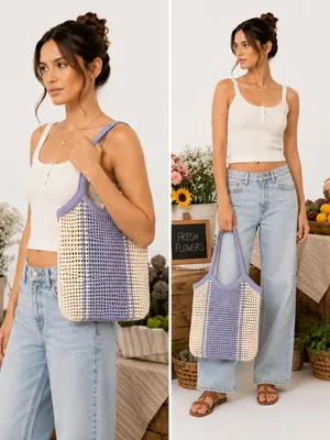 Art Class Girls Knit Tote Bag Purple Cream Summer Beach Vacation Chic thumbnail 2