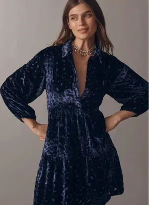 Anthropologie Maeve The Bettina Tiered Shirt Dress: Mini Velvet Edition thumbnail 1