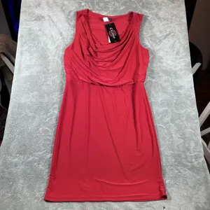 Cocomo Red Dress Large Cowl Neck Blouson Knee MIDI Elastic Waist Flattering Fit thumbnail 3