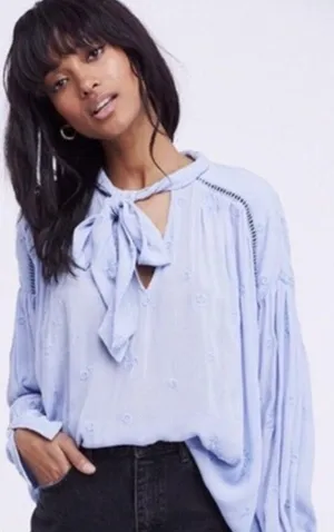 Free People Light Baby Blue Wishful Moments Tie Neck Tunic Top NEW thumbnail 1