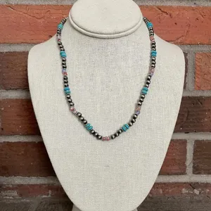 Navajo Style Pearl Necklace with Turquoise and Orange thumbnail 3