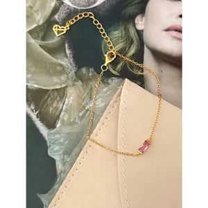 Caitlyn Minimalist October Pink Tourmaline Baguette Birthstone Bracelet Gold thumbnail 2