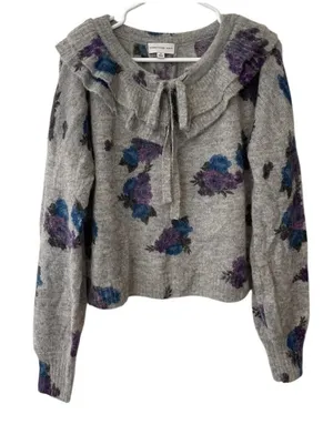 Something Navy Gray Floral Ruffle Tie-Front Sweater thumbnail 1
