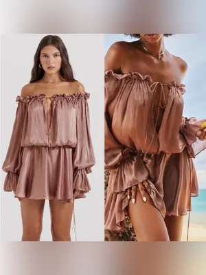 NEW House Of Cb Hazelnut Chaya Off Shoulder Chiffon Blouson Long Sleeve dress S thumbnail 3