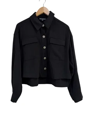 Adrianna Papell Women Oversized Black Cropped Utility Shirt Sz Small thumbnail 1