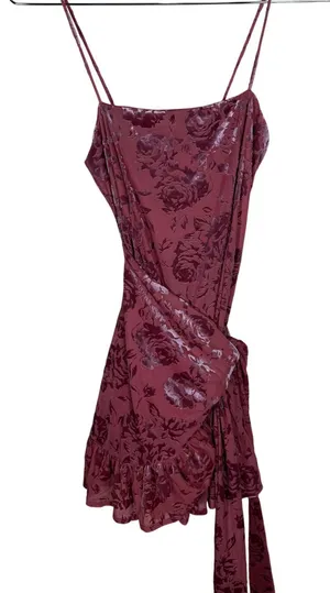 Free People Intimately Floral Burnout Velvet Wrap Mini Dress Wine XS thumbnail 1