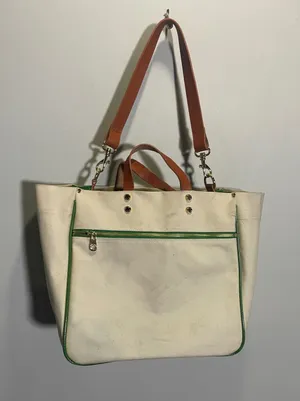 Boulevard Codie Tote Bag Womens Cream Green Canvas Leather Trim Preppy Work thumbnail 1