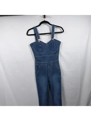 Peach Love California Denim Jumpsuit Women’s Small Flare Leg Adjustable Straps thumbnail 2