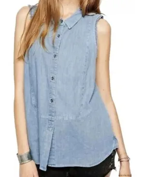 Free People Denim Sleeveless Frayed Edges Button Down Shirt Small Denim Western thumbnail 1