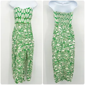 Zara Womens Green Resort Tropical Leaf Print Strapless Linen Blend Midi Dress‎ S thumbnail 2