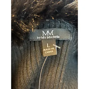 My Michelle Black Ribbed Quarter Zip Sweater Faux Fur Collar Womens Large NWT thumbnail 4